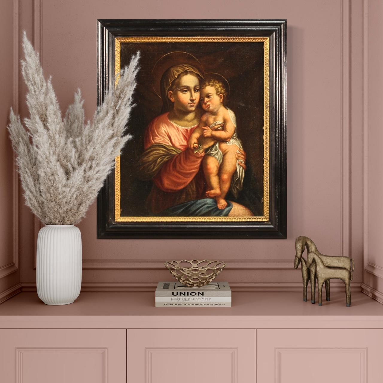 17th Century Oil on Canvas Antique Religious Italian Painting Virgin with Child 12