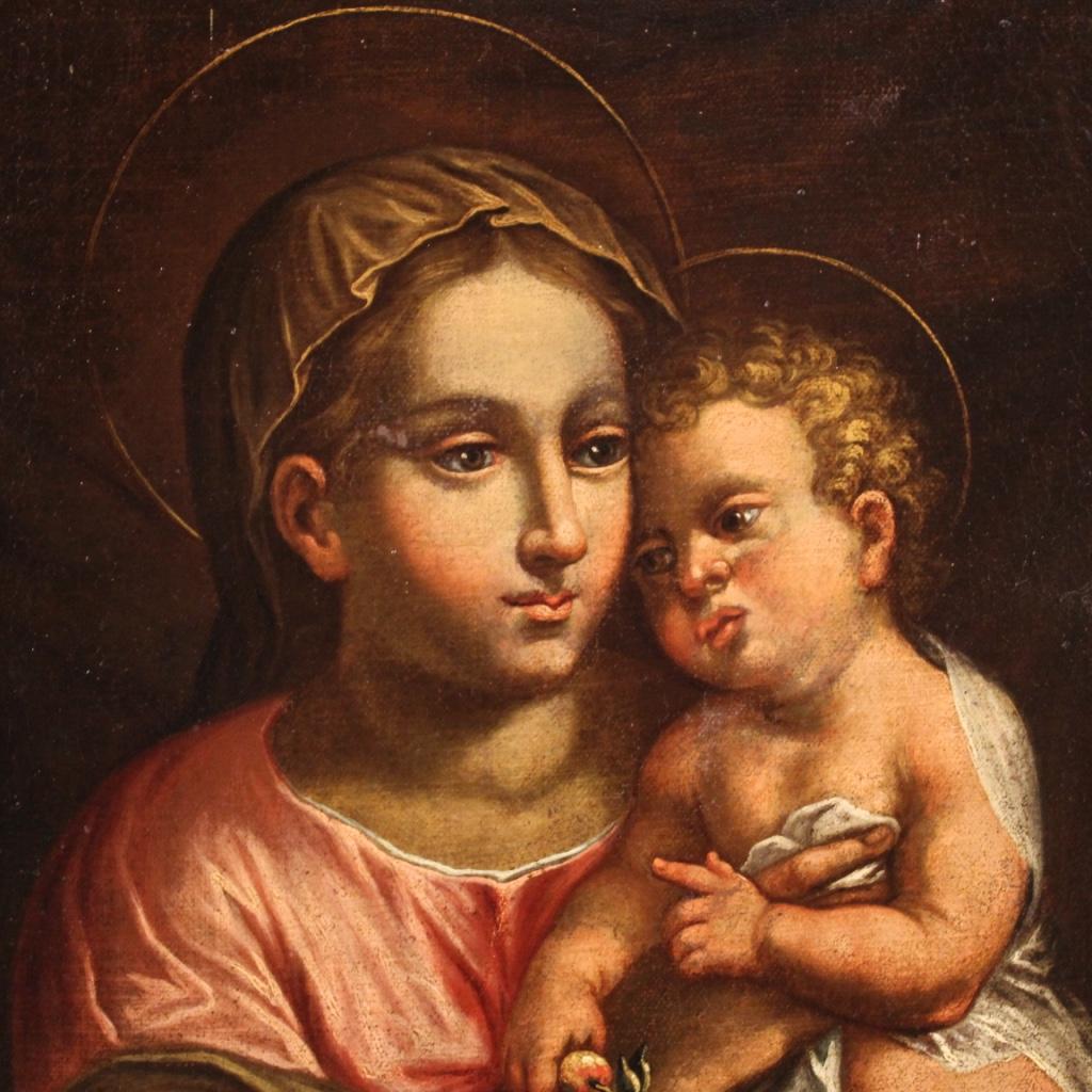 17th Century Oil on Canvas Antique Religious Italian Painting Virgin with Child In Good Condition In Vicoforte, Piedmont