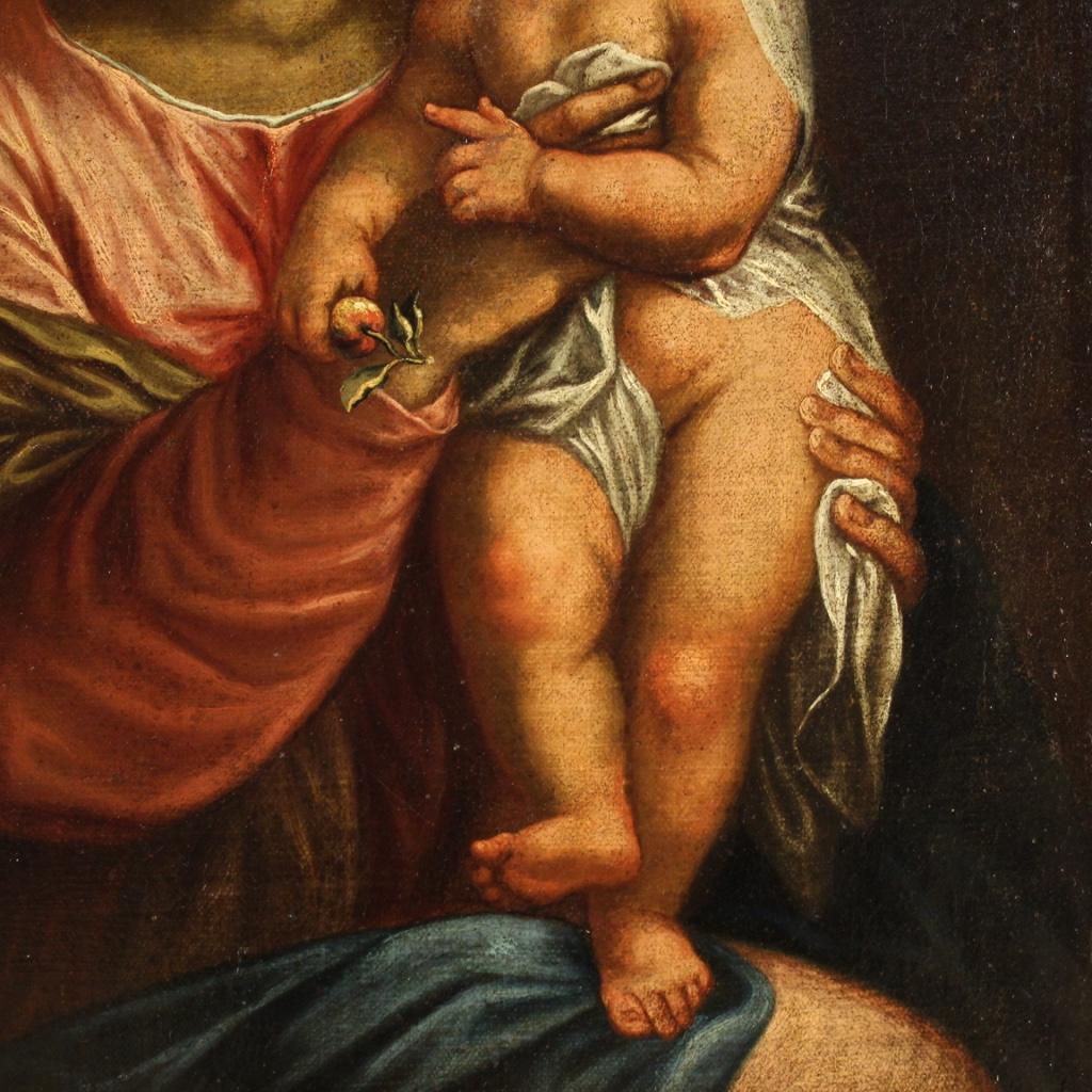 17th Century Oil on Canvas Antique Religious Italian Painting Virgin with Child 1