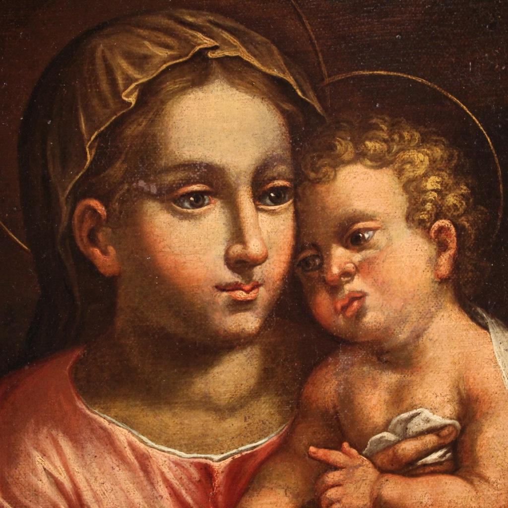 17th Century Oil on Canvas Antique Religious Italian Painting Virgin with Child 4