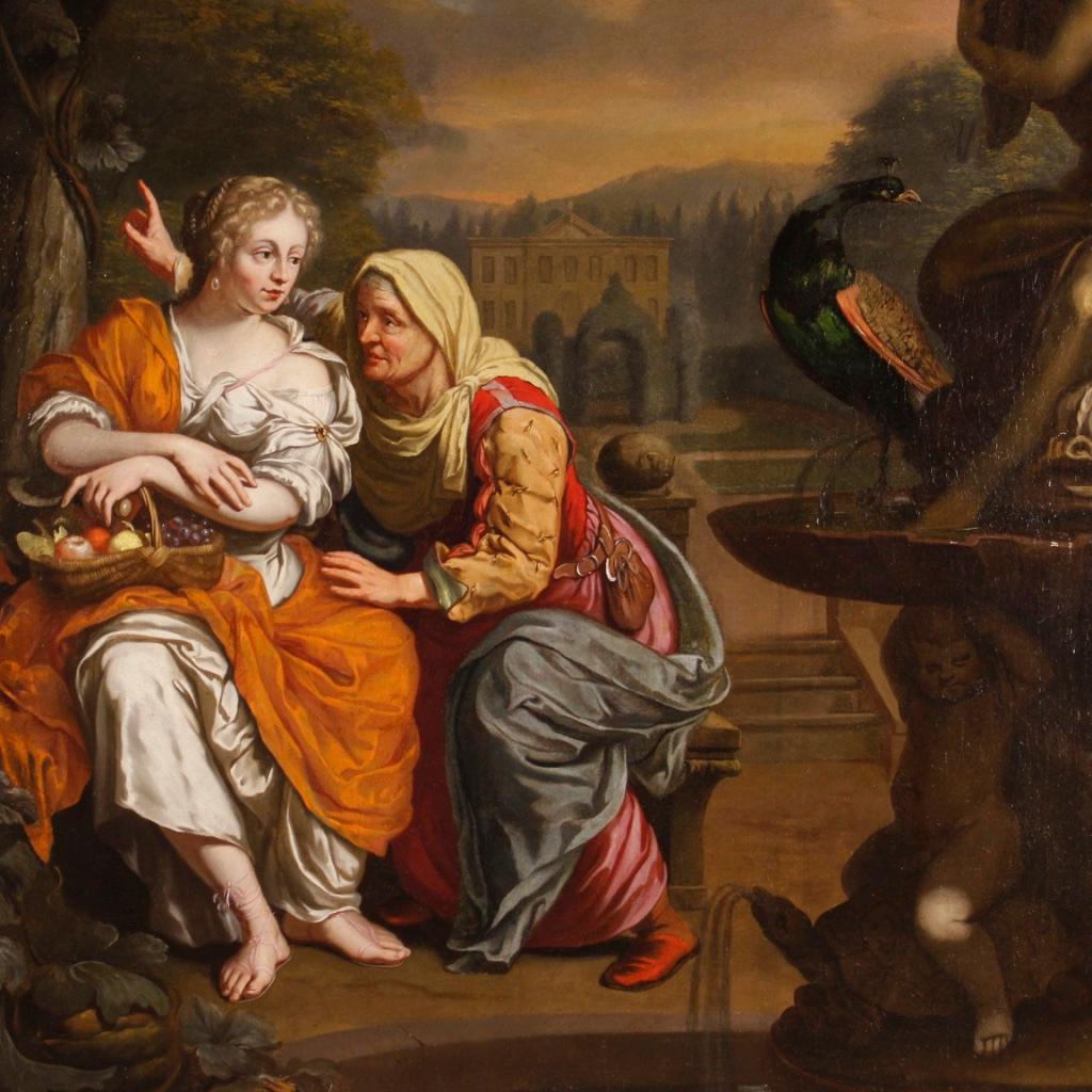 Antique 17th century Dutch painting. Oil painting on canvas depicting mythological subject Vertumnus and Pomona, attributable to the circle of Caspar Netscher (1639-1684). Vertumnus, one of the main Etruscan deities, presided over the change of