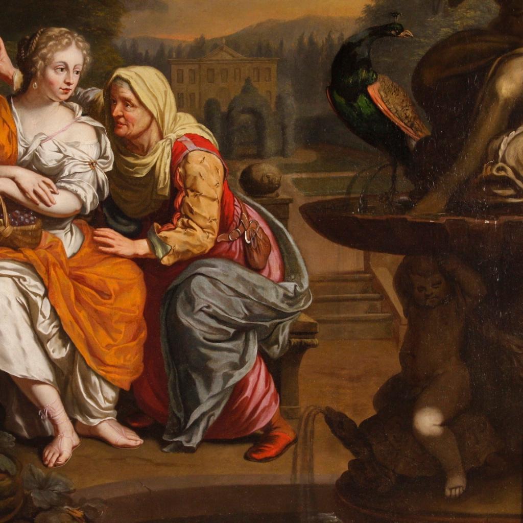 Lacquered 17th Century Oil on Canvas Dutch Mythological Painting Vertumnus and Pomona