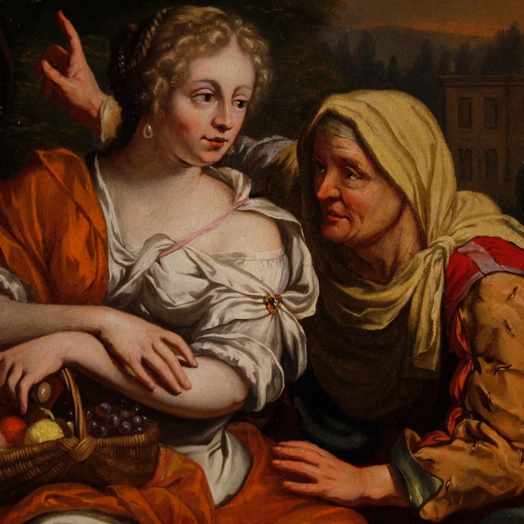 17th Century Oil on Canvas Dutch Mythological Painting Vertumnus and Pomona In Good Condition In Vicoforte, Piedmont