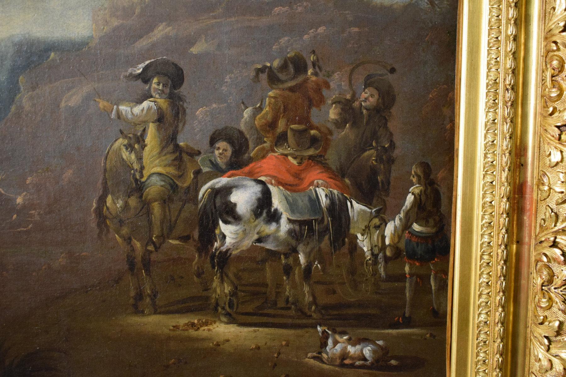 17th century, oil on canvas Dutch painting with hunting scene

Oil on canvas. Dimensions: frame W 81 x H 75 cm, canvas 58 x 49 cm

The oil on canvas painting depicts a hunting scene in a predominantly rocky landscape. On the right, at the center