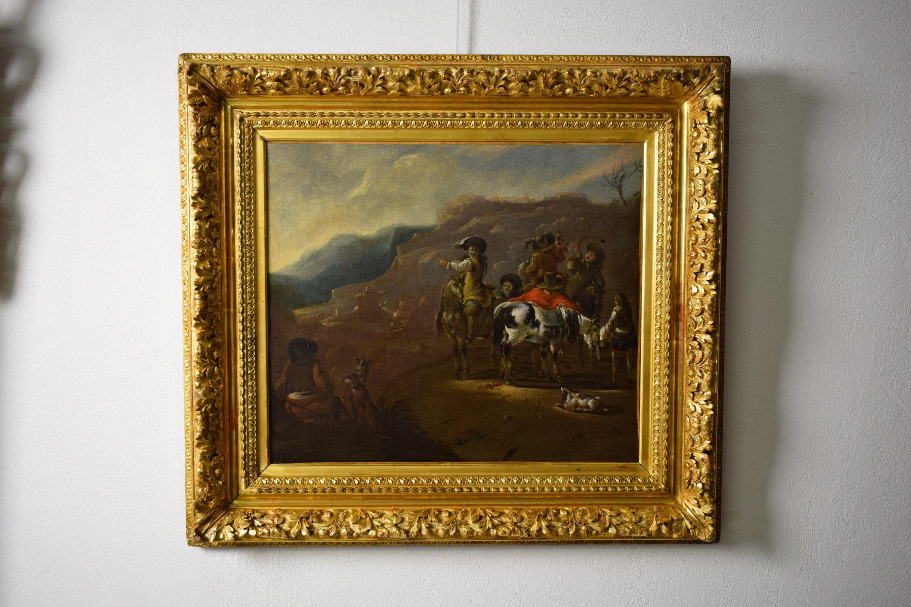 17ème siècle:: Huile sur Toile Peinture Hollandaise avec Scène de Chasse 1