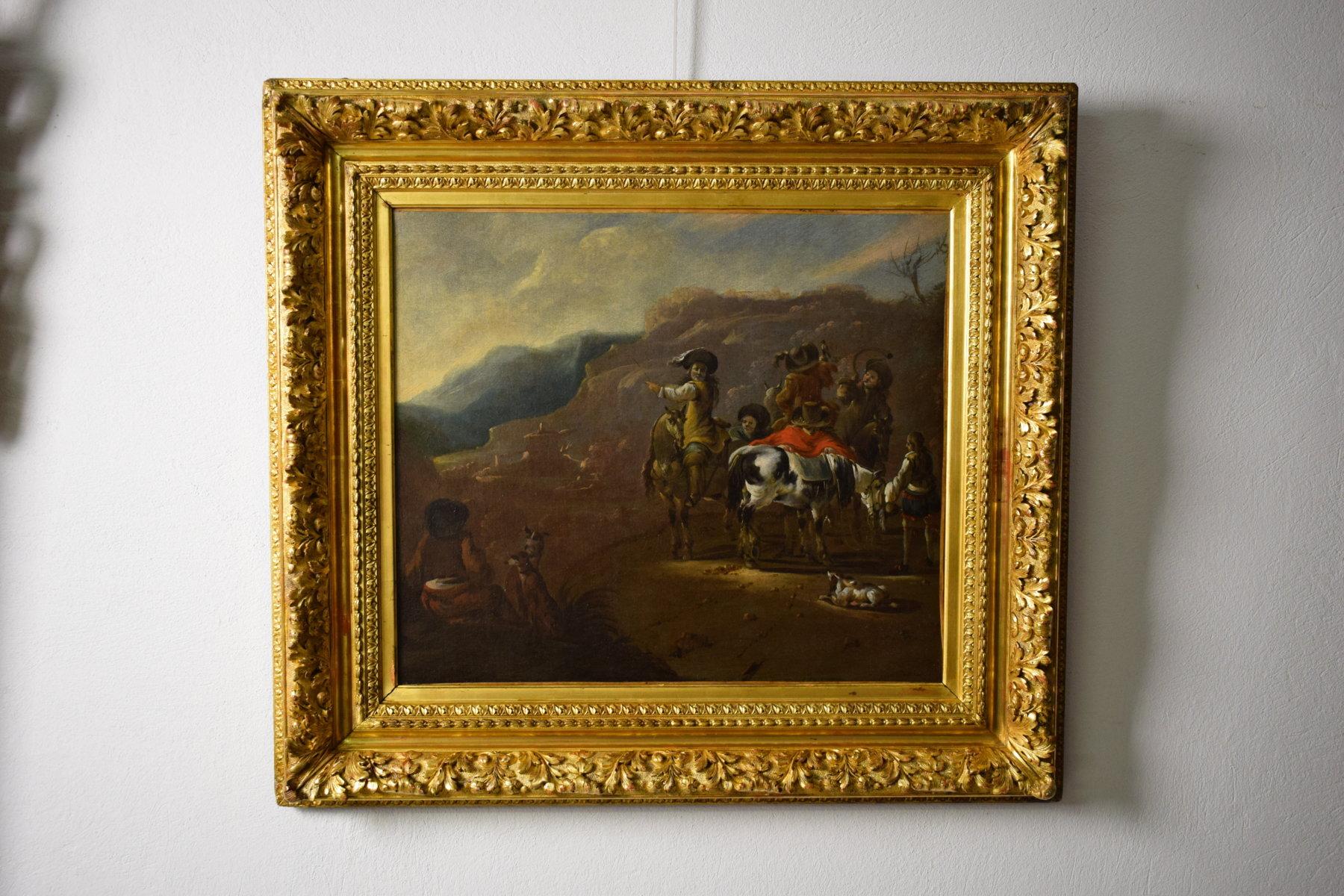 17th Century, Oil on Canvas Dutch Painting with Hunting Scene For Sale 1