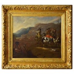 17th Century, Oil on Canvas Dutch Painting with Hunting Scene