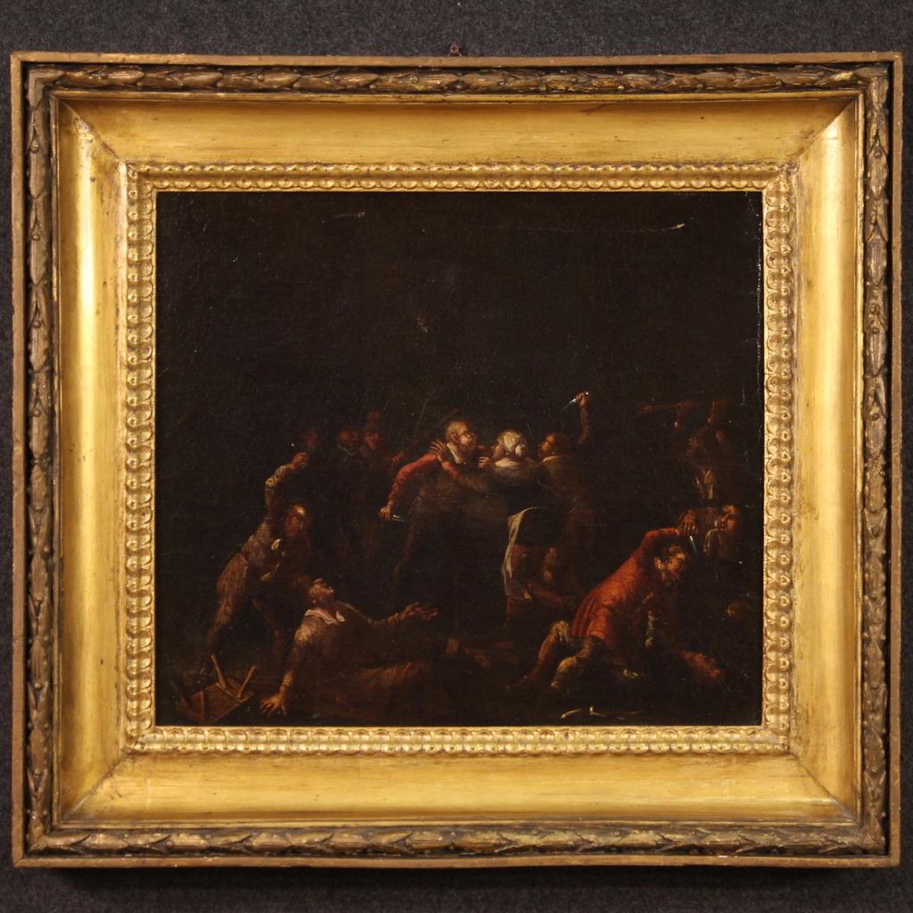 Antique Flemish painting from the 17th century. Artwork oil on canvas depicting an interior scene Brawl in a tavern of good pictorial quality. Beautiful frame from 20th century, carved and gilded. Painting of good measure and proportion,