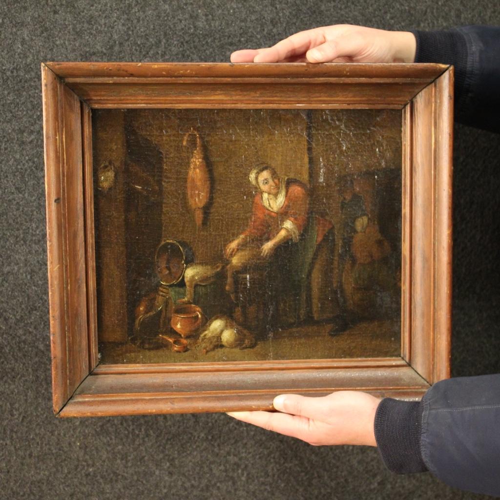 17th Century Oil on Canvas Flemish Antique Interior Scene Painting, 1680 8