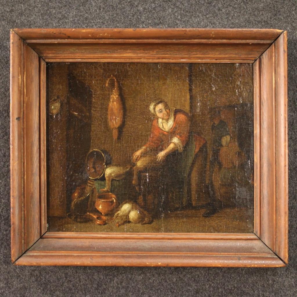 Antique Flemish painting from the 17th century. Framework oil on canvas glued on oak panel depicting The kitchen, of good pictorial quality. Painting for antique dealers and collectors of Nordic painting of the high epoch, rich in details and