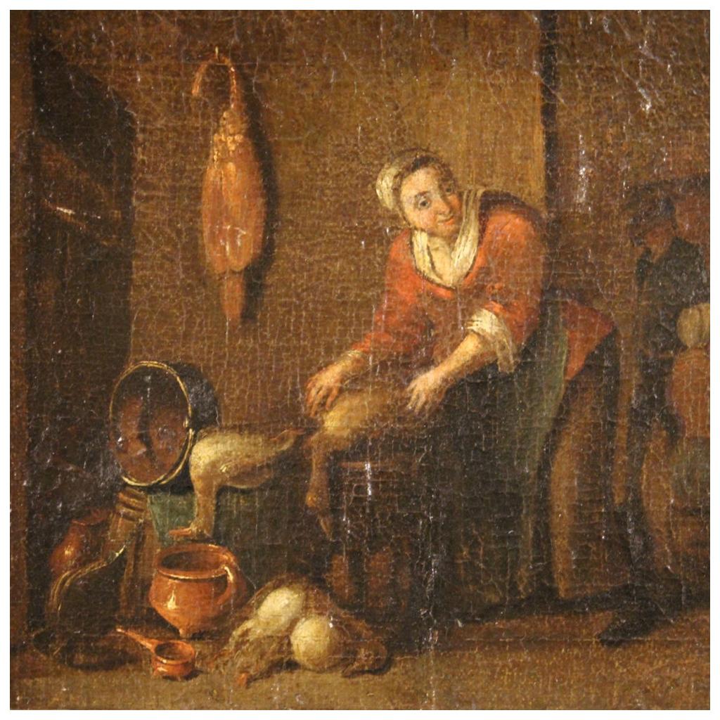 17th Century Oil on Canvas Flemish Antique Interior Scene Painting, 1680