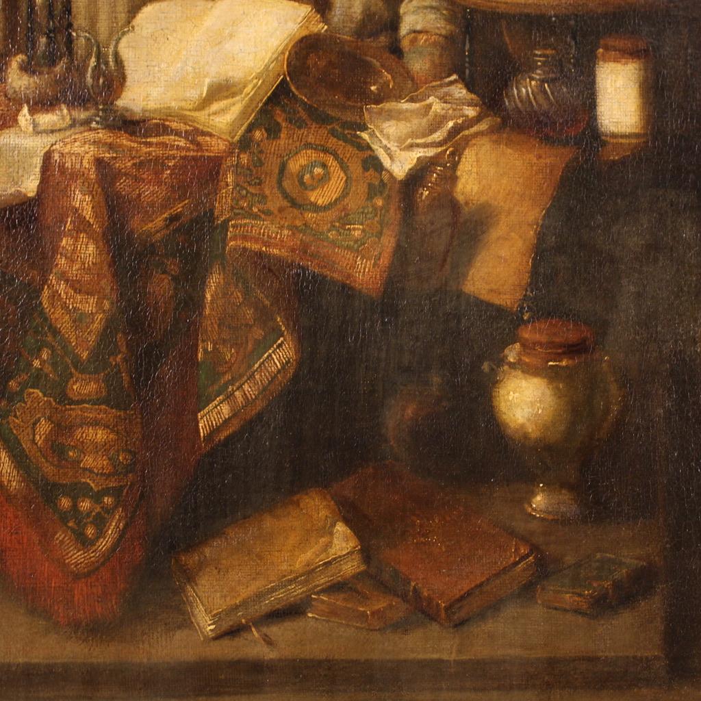 17th Century Oil on Canvas Flemish Antique Interior Scene Painting The Alchemist 5