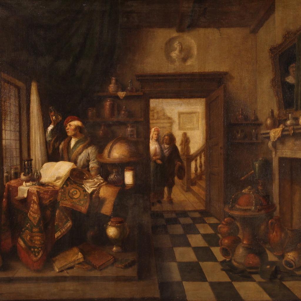 Antique Flemish painting from the second half of the 17th century. Oil on canvas artwork depicting a splendid interior scene with characters typical of the Dutch Golden Age and in particular of the work of Jan Vermeer. The Netherlands had become an