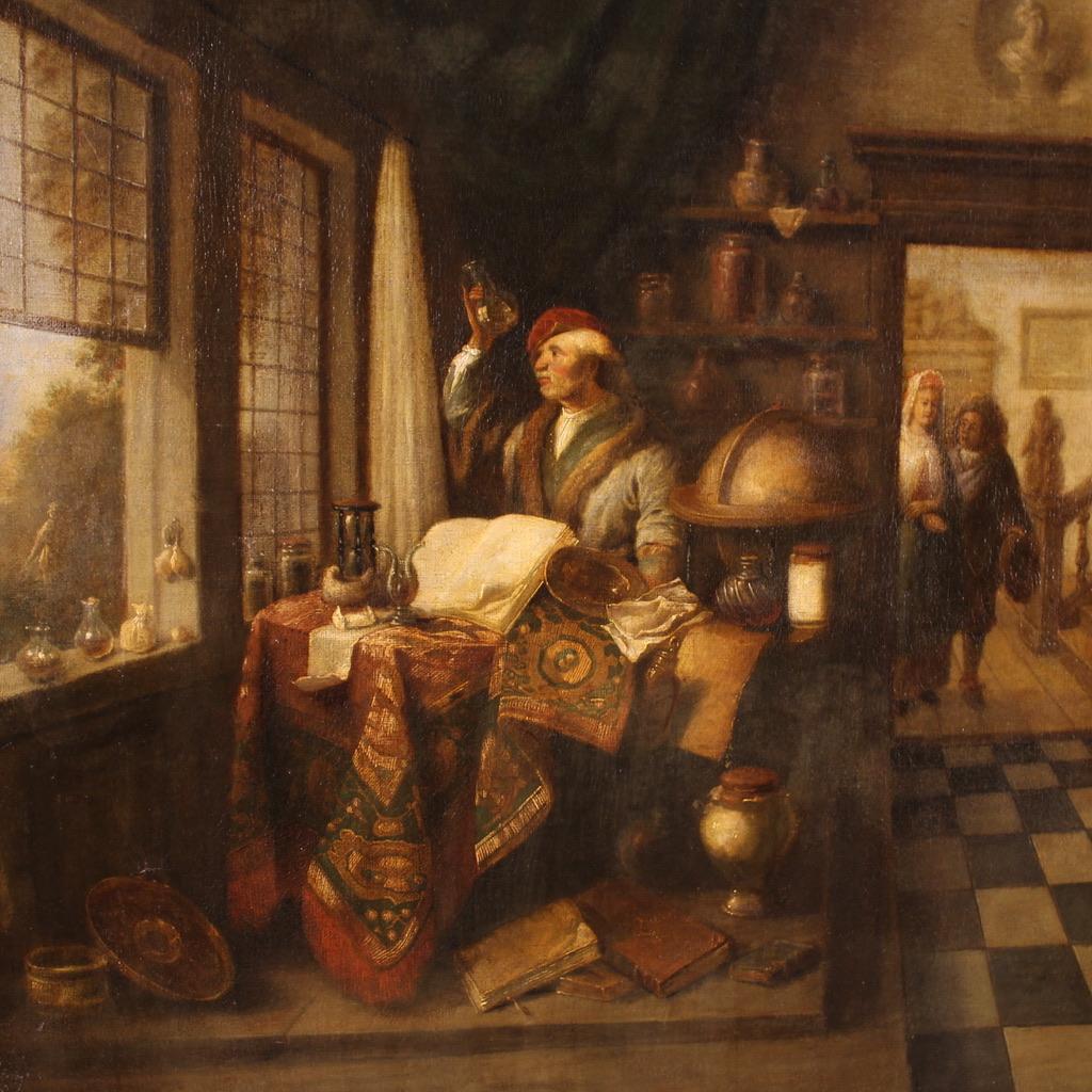 Dutch 17th Century Oil on Canvas Flemish Antique Interior Scene Painting The Alchemist