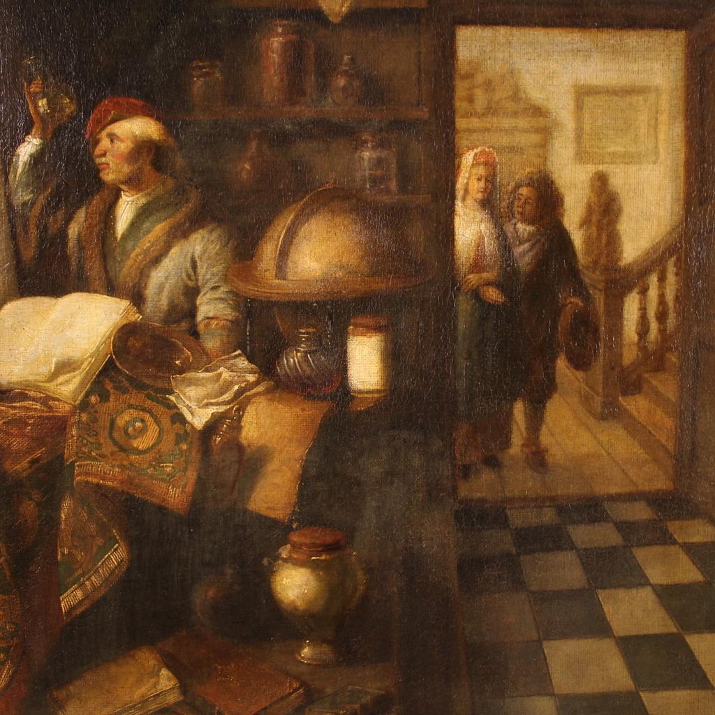 Late 17th Century 17th Century Oil on Canvas Flemish Antique Interior Scene Painting The Alchemist