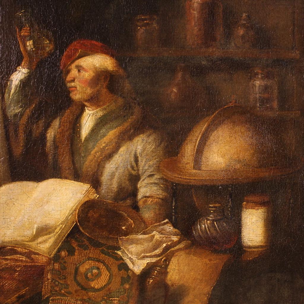 17th Century Oil on Canvas Flemish Antique Interior Scene Painting The Alchemist 2