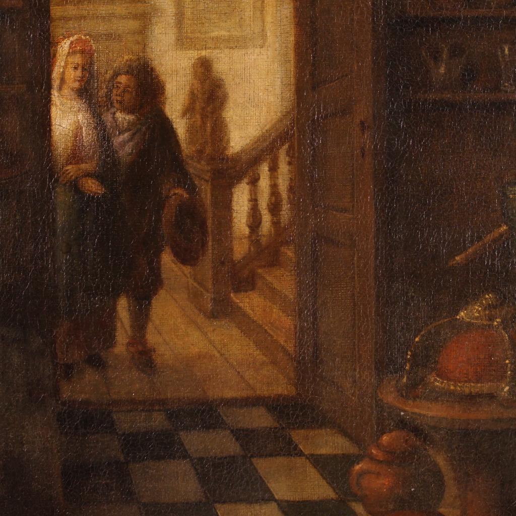 17th Century Oil on Canvas Flemish Antique Interior Scene Painting The Alchemist 4
