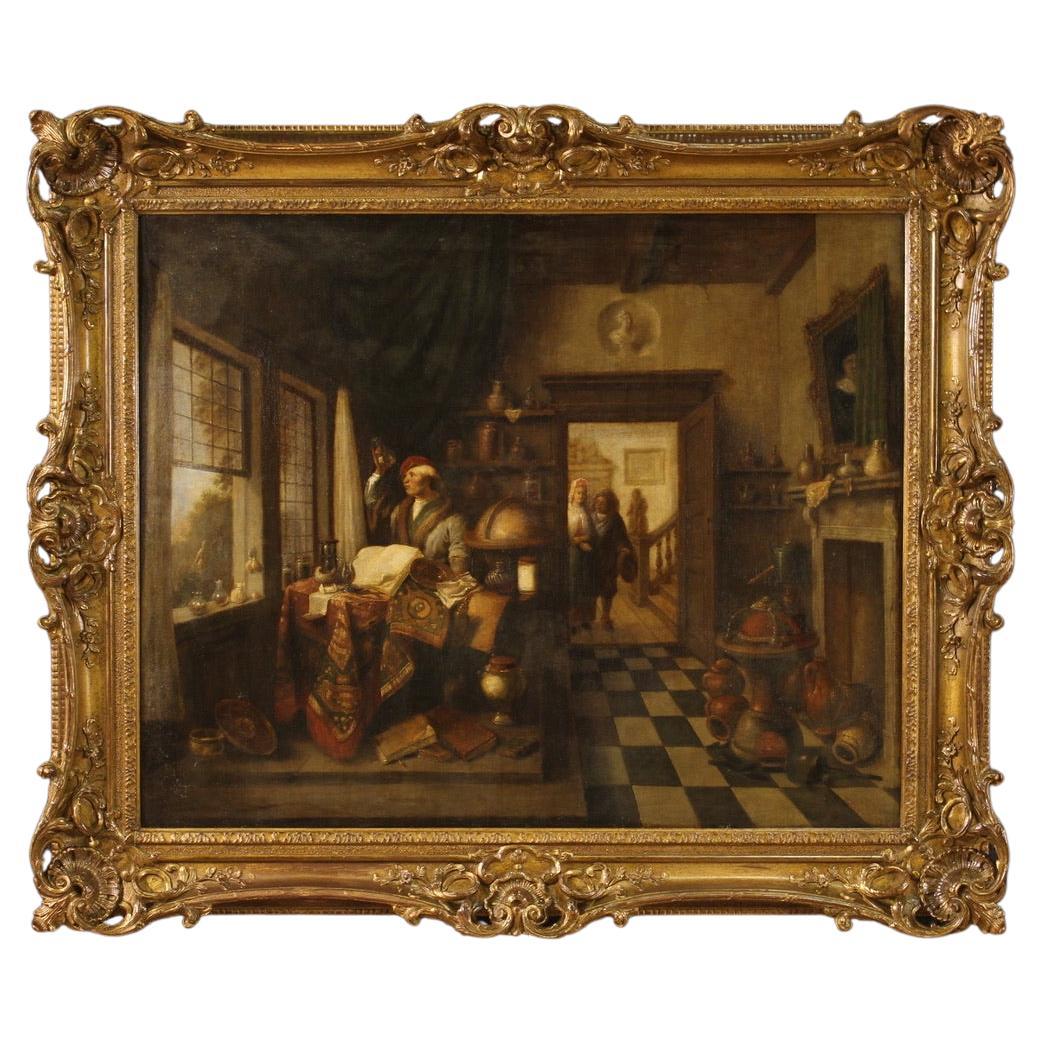 17th Century Oil on Canvas Flemish Antique Interior Scene Painting The Alchemist