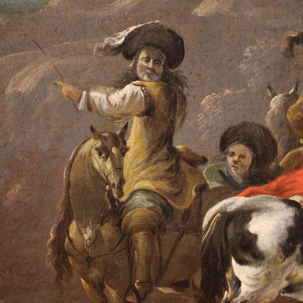 17th Century Oil on Canvas Flemish Antique Landscape Painting Hunting Scene 1660 in vendita 5