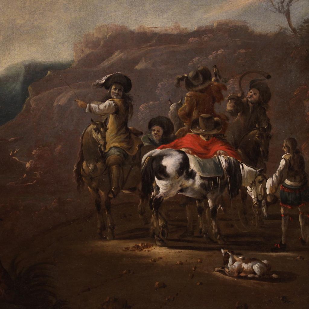 Dutch 17th Century Oil on Canvas Flemish Antique Landscape Painting Hunting Scene 1660 in vendita