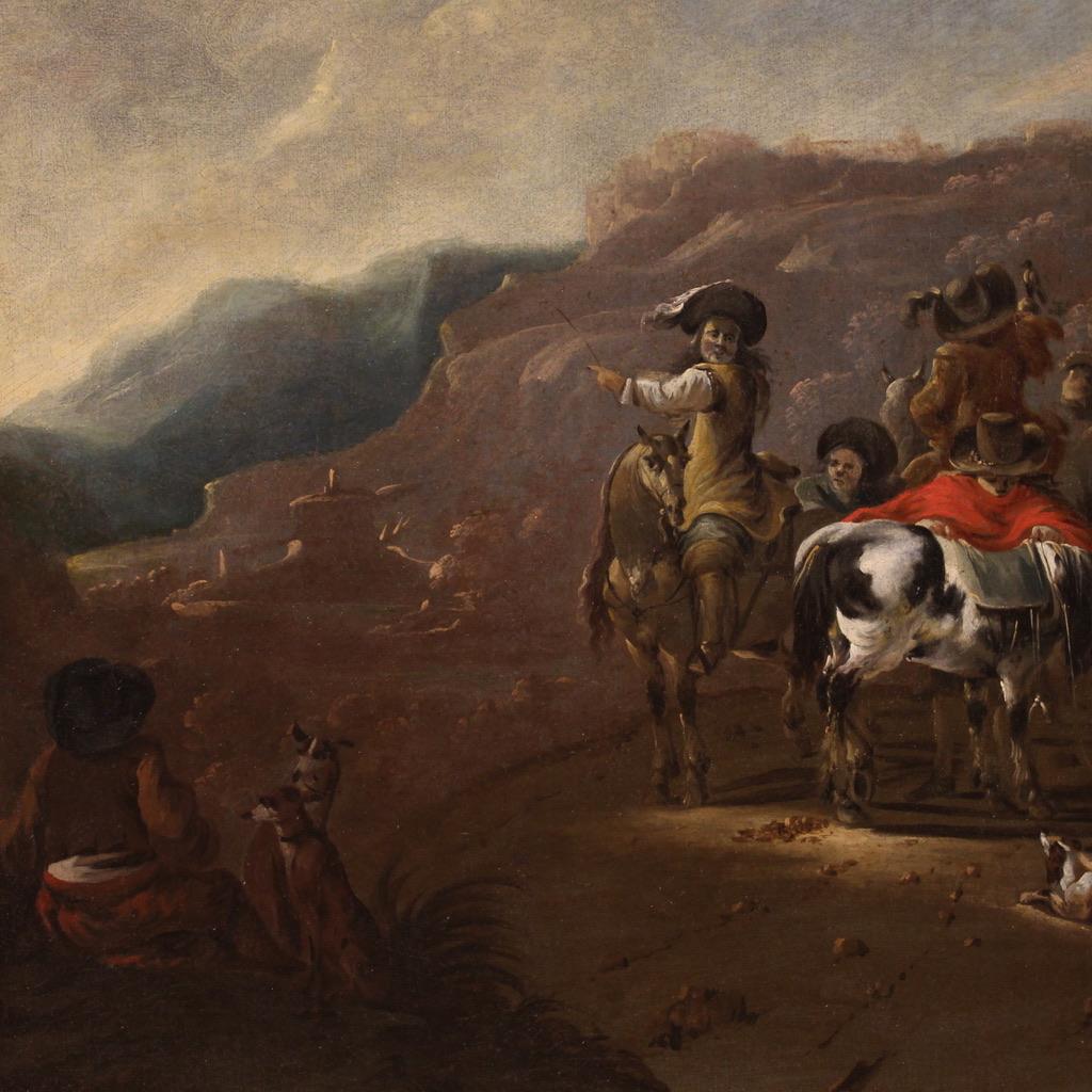 A olio 17th Century Oil on Canvas Flemish Antique Landscape Painting Hunting Scene 1660 in vendita