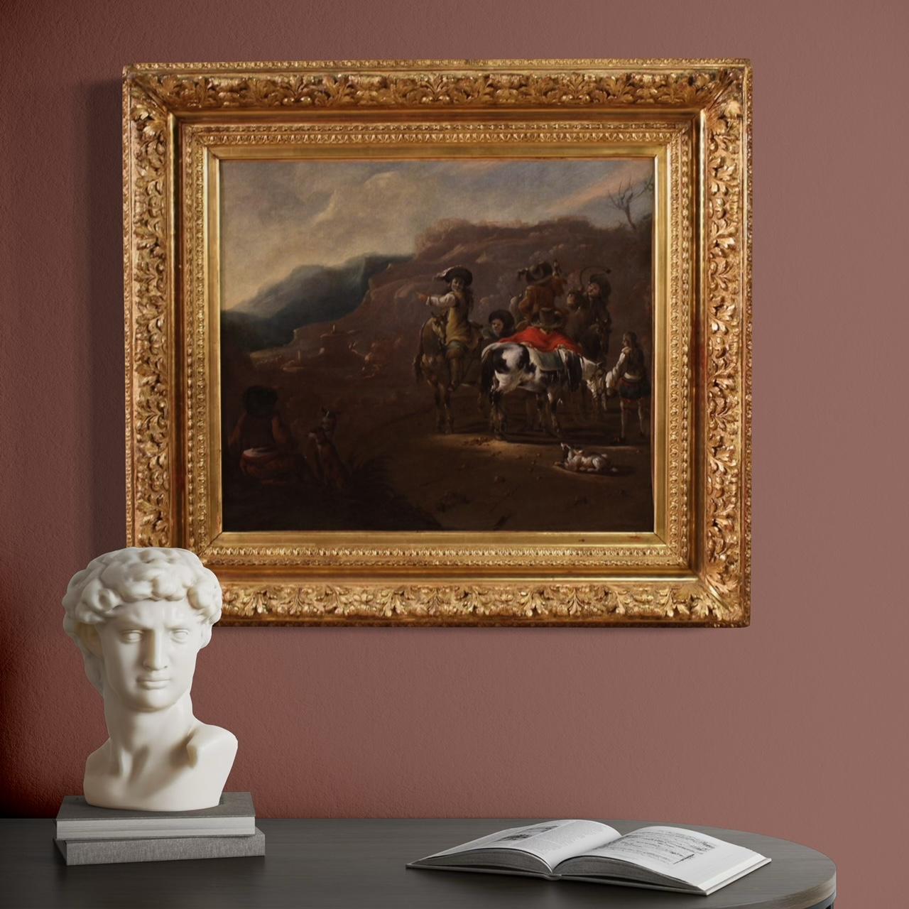 Mid-17th Century 17th Century Oil on Canvas Flemish Antique Landscape Painting Hunting Scene 1660 in vendita