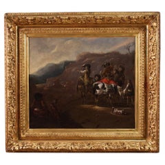17th Century Oil on Canvas Flemish Antique Landscape Painting Hunting Scene 1660