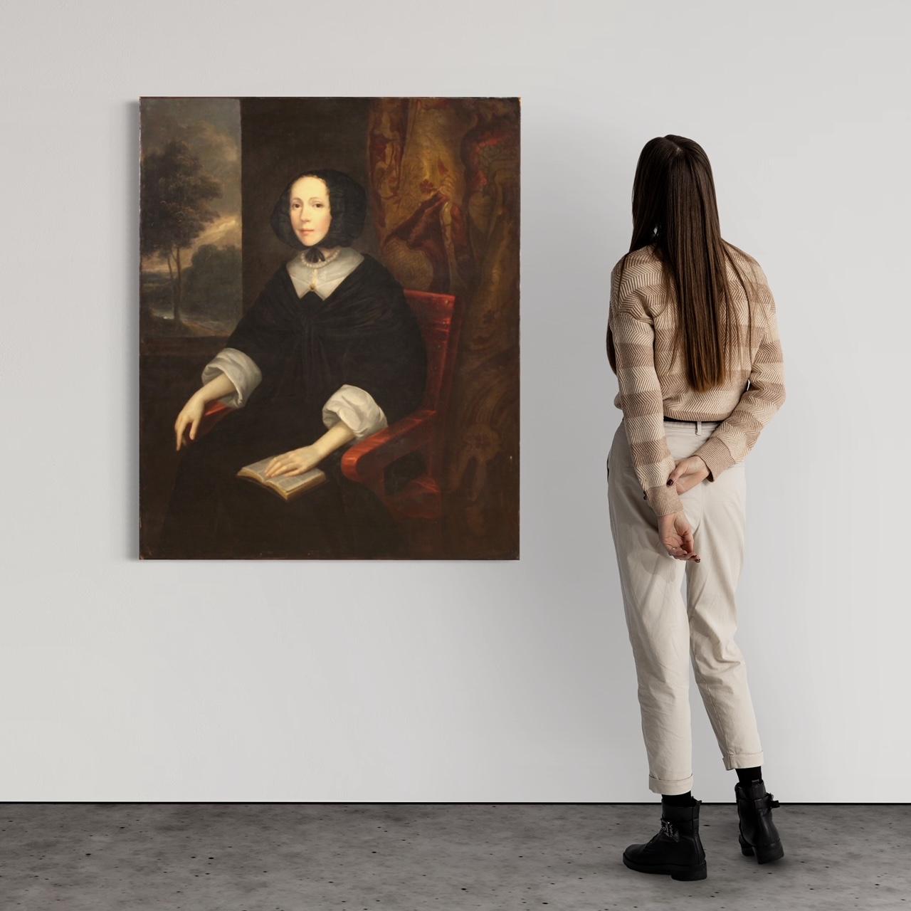 Dutch 17th Century Oil on Canvas Flemish Antique Painting Lady Portrait, 1670