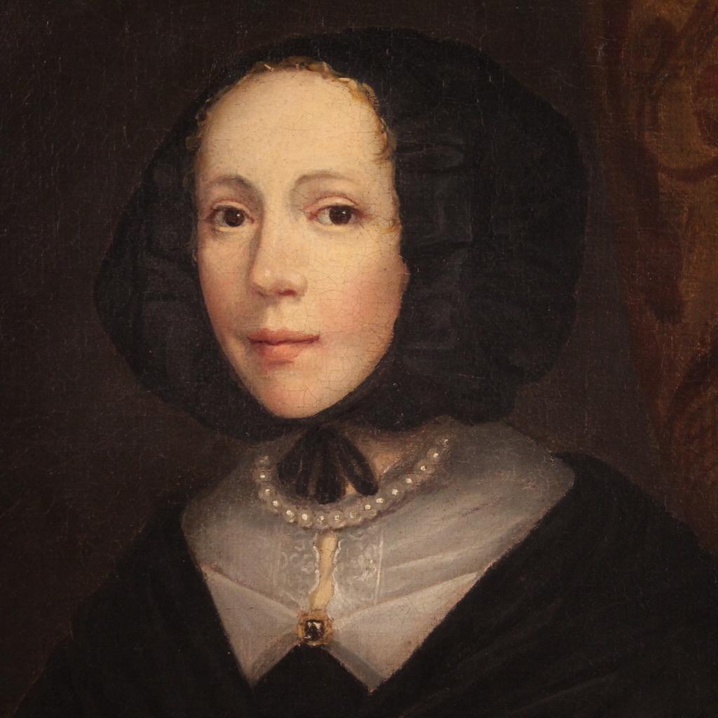 17th Century Oil on Canvas Flemish Antique Painting Lady Portrait, 1670 In Good Condition In Vicoforte, Piedmont
