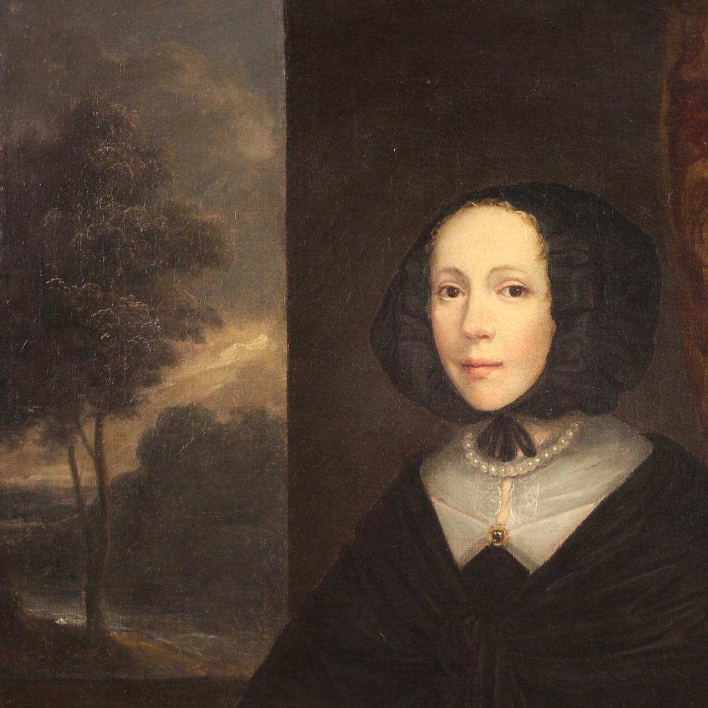 17th Century Oil on Canvas Flemish Antique Painting Lady Portrait, 1670 2