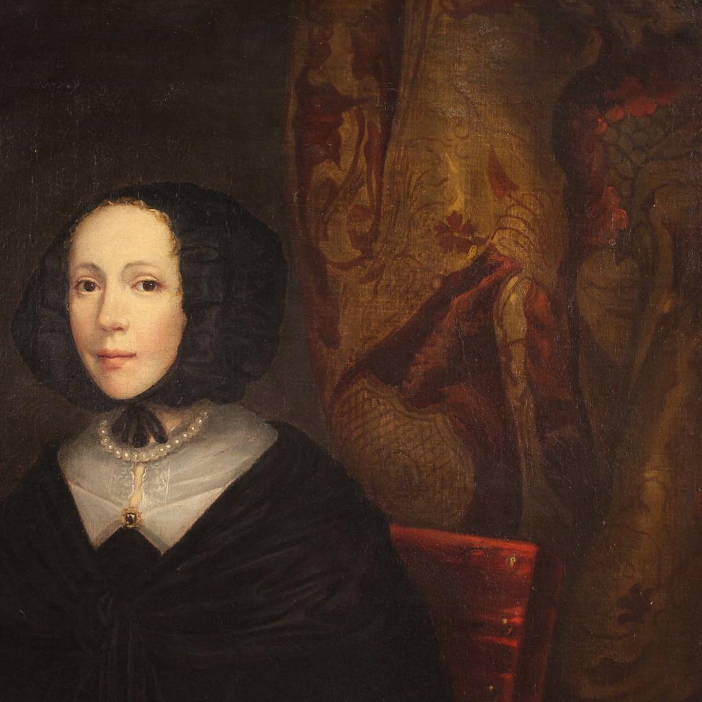17th Century Oil on Canvas Flemish Antique Painting Lady Portrait, 1670 4