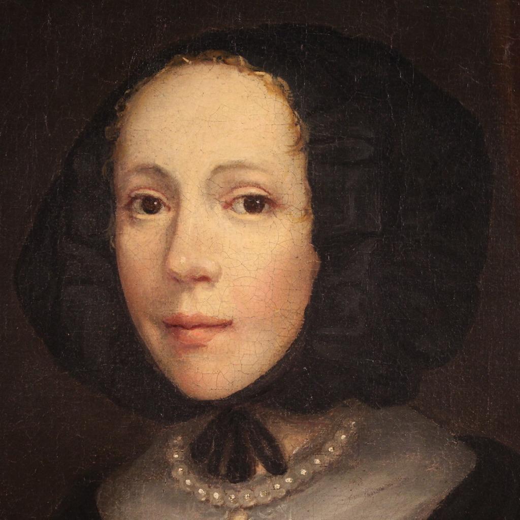 17th Century Oil on Canvas Flemish Antique Painting Lady Portrait, 1670 5