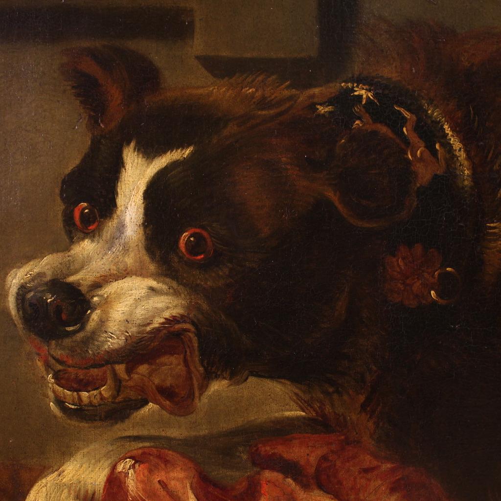 huile sur toile du 17e siècle Peinture ancienne flamande Nature morte avec chiens, 1660 en vente 4