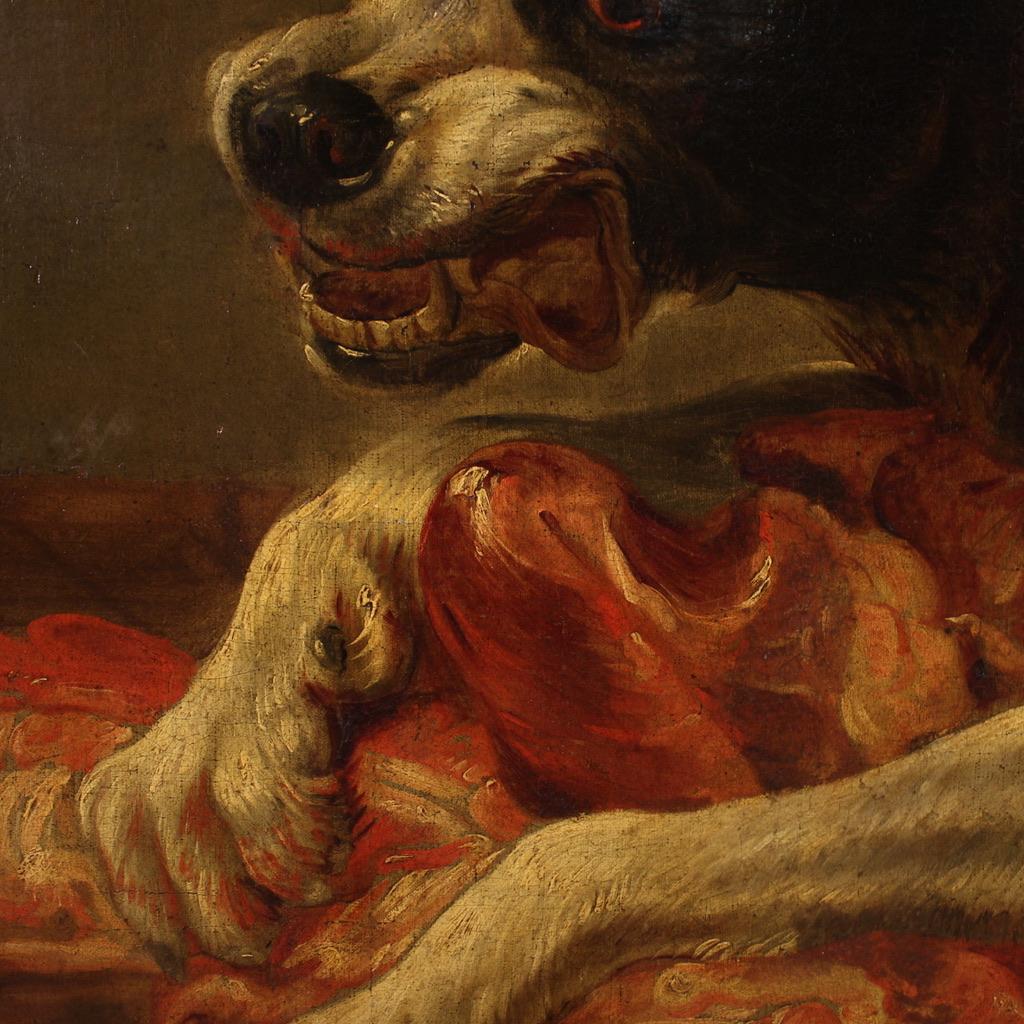 huile sur toile du 17e siècle Peinture ancienne flamande Nature morte avec chiens, 1660 en vente 6