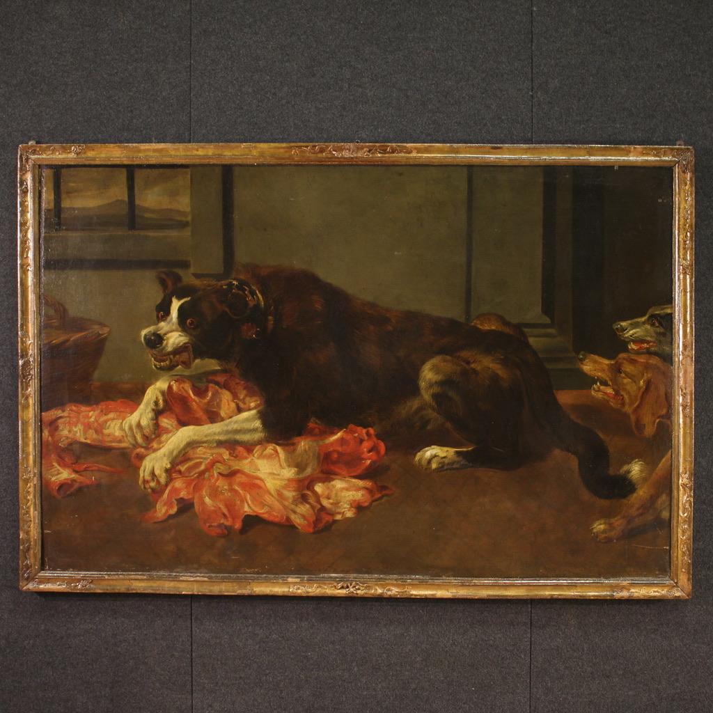 17th Century Oil on Canvas Flemish Antique Painting Stil Life with Dogs, 1660s For Sale 8