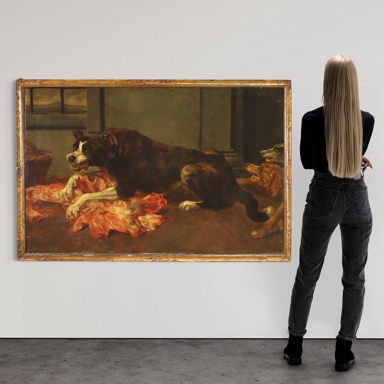 Grande peinture flamande du 17e siècle. Huile sur toile représentant une copie de la célèbre nature morte de Frans Snyders (1579-1657), un chien défendant une carcasse contre deux autres chiens. Originaire d'Anvers, il se consacre à la peinture de