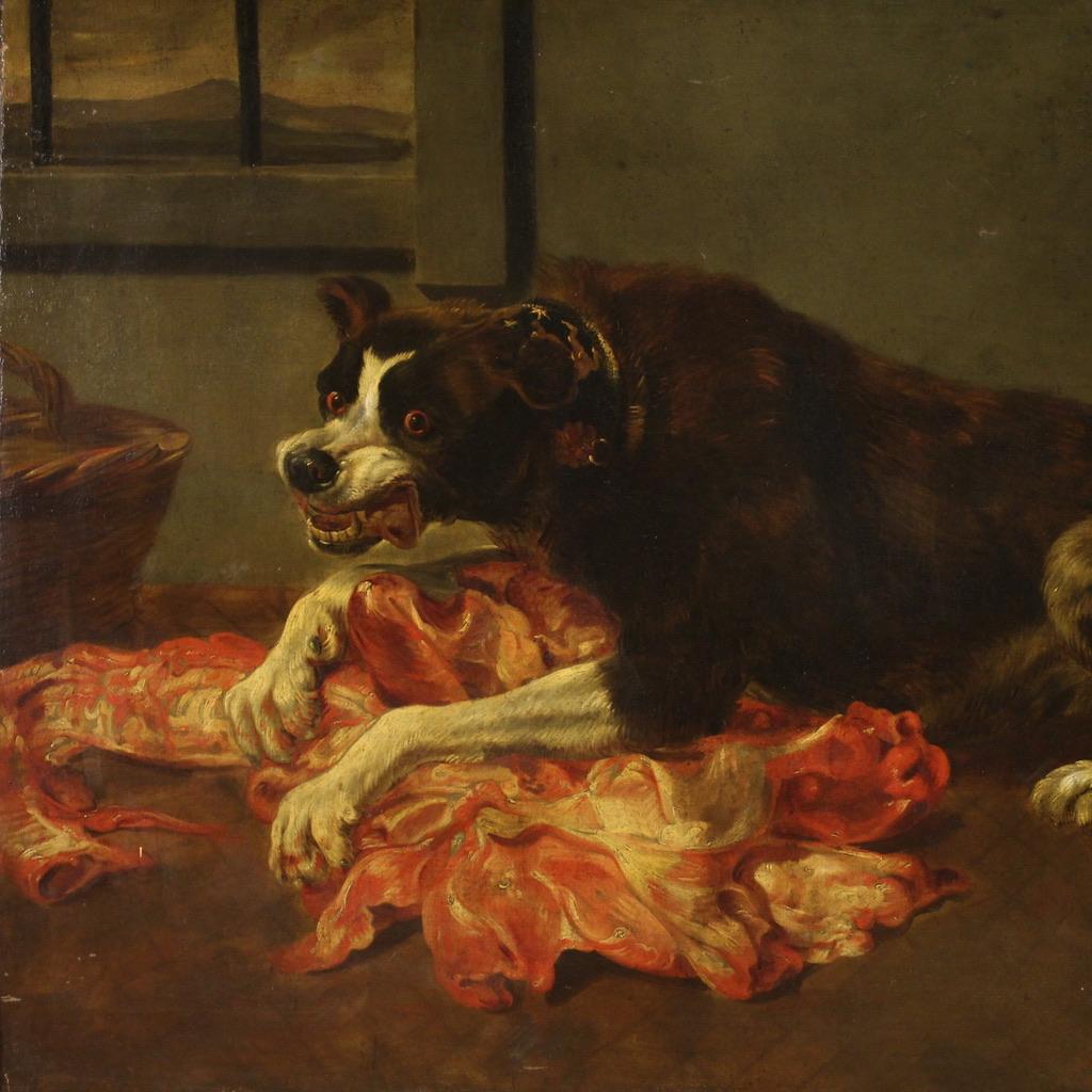 Dutch huile sur toile du 17e siècle Peinture ancienne flamande Nature morte avec chiens, 1660 en vente