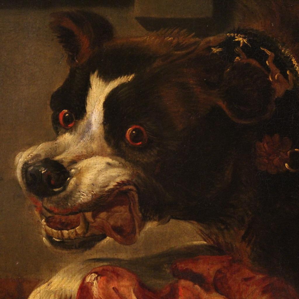 huile sur toile du 17e siècle Peinture ancienne flamande Nature morte avec chiens, 1660 Bon état - En vente à Vicoforte, Piedmont