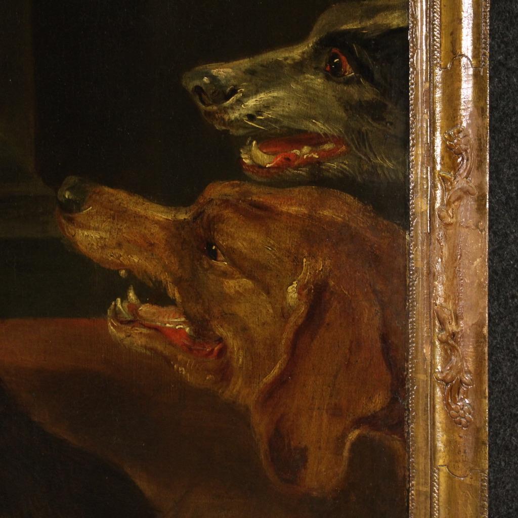 Mid-17th Century huile sur toile du 17e siècle Peinture ancienne flamande Nature morte avec chiens, 1660 en vente