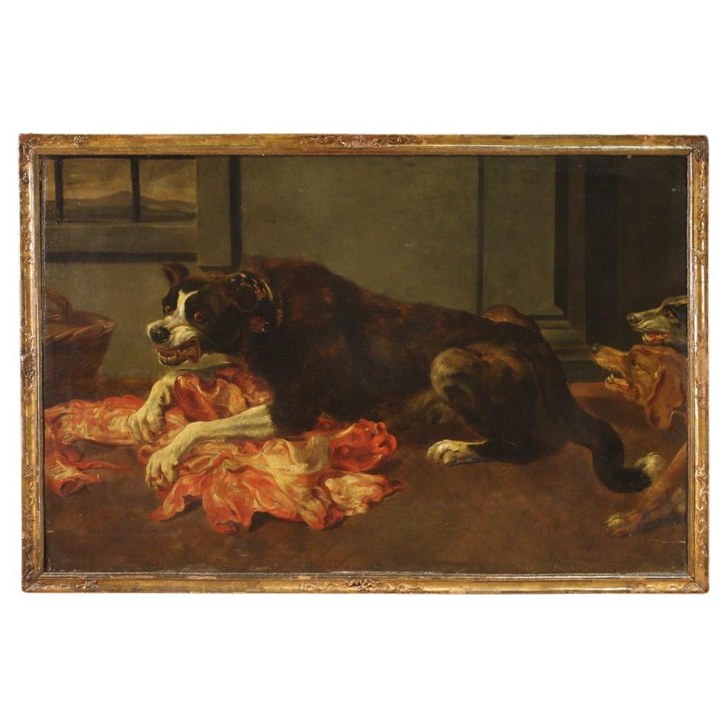 17th Century Oil on Canvas Flemish Antique Painting Stil Life with Dogs, 1660s For Sale
