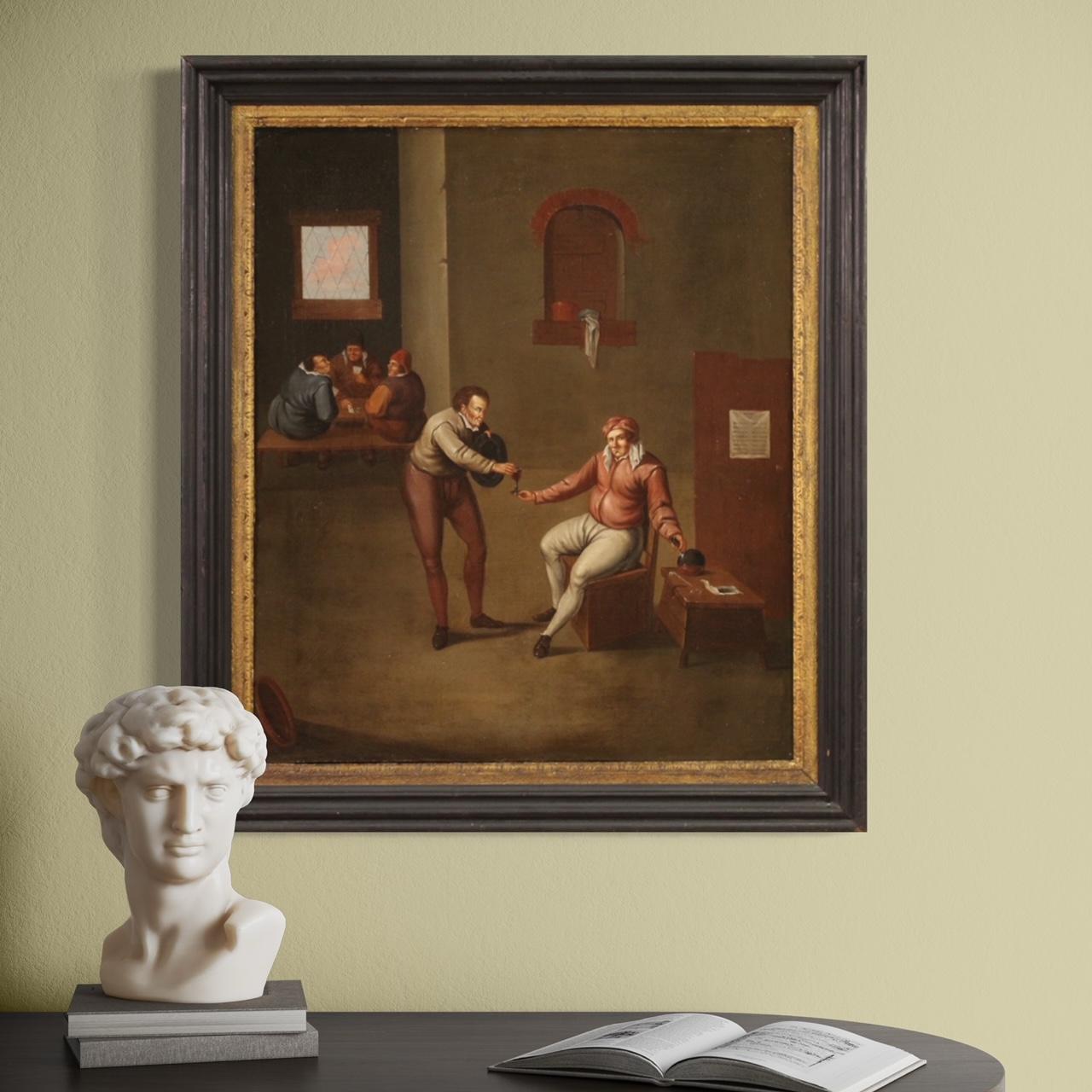 17th Century Oil on Canvas Flemish Interior Scene Painting, 1660 For Sale 7