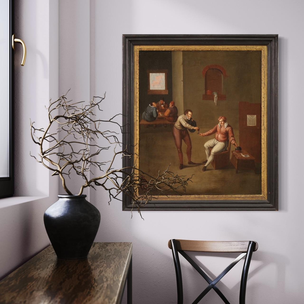 17th Century Oil on Canvas Flemish Interior Scene Painting, 1660 For Sale 9