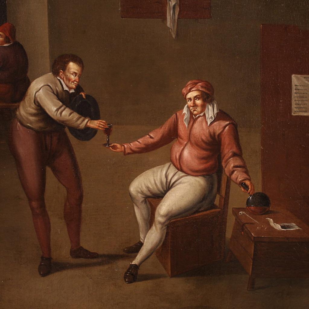 Oiled 17th Century Oil on Canvas Flemish Interior Scene Painting, 1660 For Sale