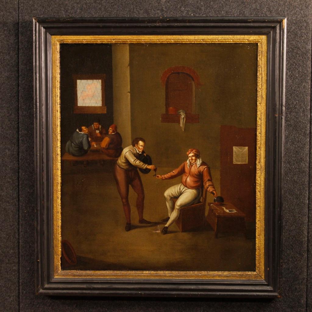 Pair of antique Flemish paintings, between late 17th and 18th century. Oil paintings on canvas depicting interior scenes with taverns with characters of fabulous pictorial quality. Framework of excellent proportion, for antique dealers and