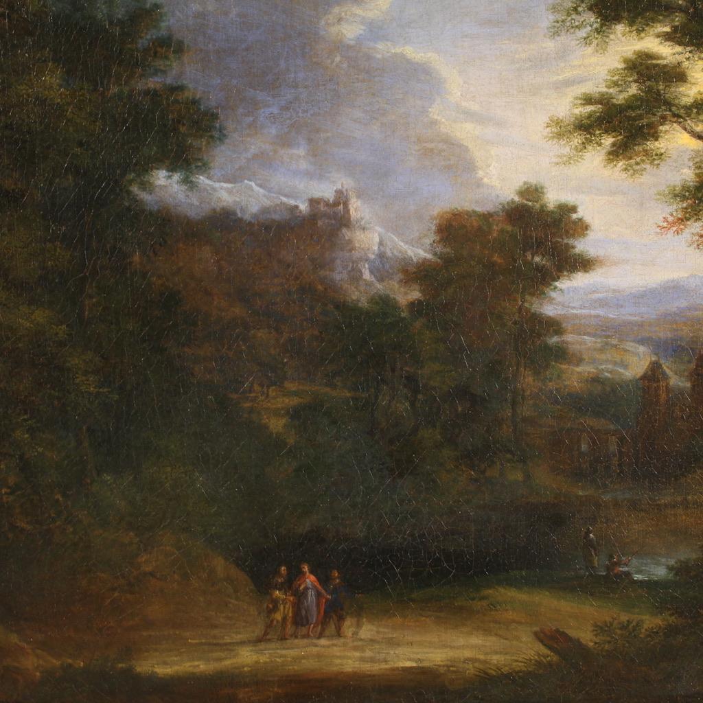 17th Century Oil on Canvas Flemish Landscape Painting Apparition of Jesus, 1650 For Sale 5