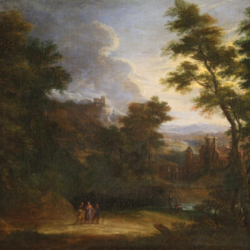 Antique landscape with figures from the 17th century. Oil on canvas painting depicting a splendid Flemish landscape that frames a famous episode of the New Testament, the appearance of Jesus on the road to Emmaus after the resurrection. Two