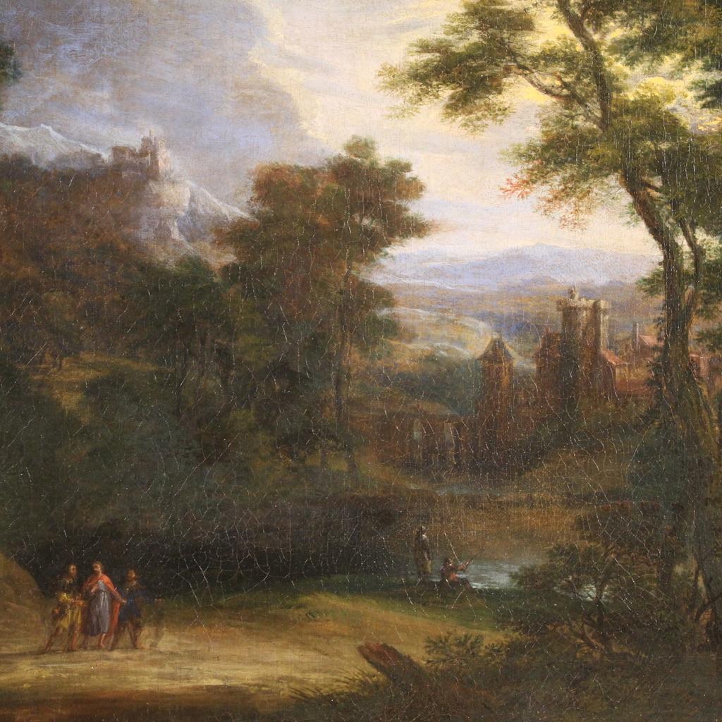 Oiled 17th Century Oil on Canvas Flemish Landscape Painting Apparition of Jesus, 1650 For Sale