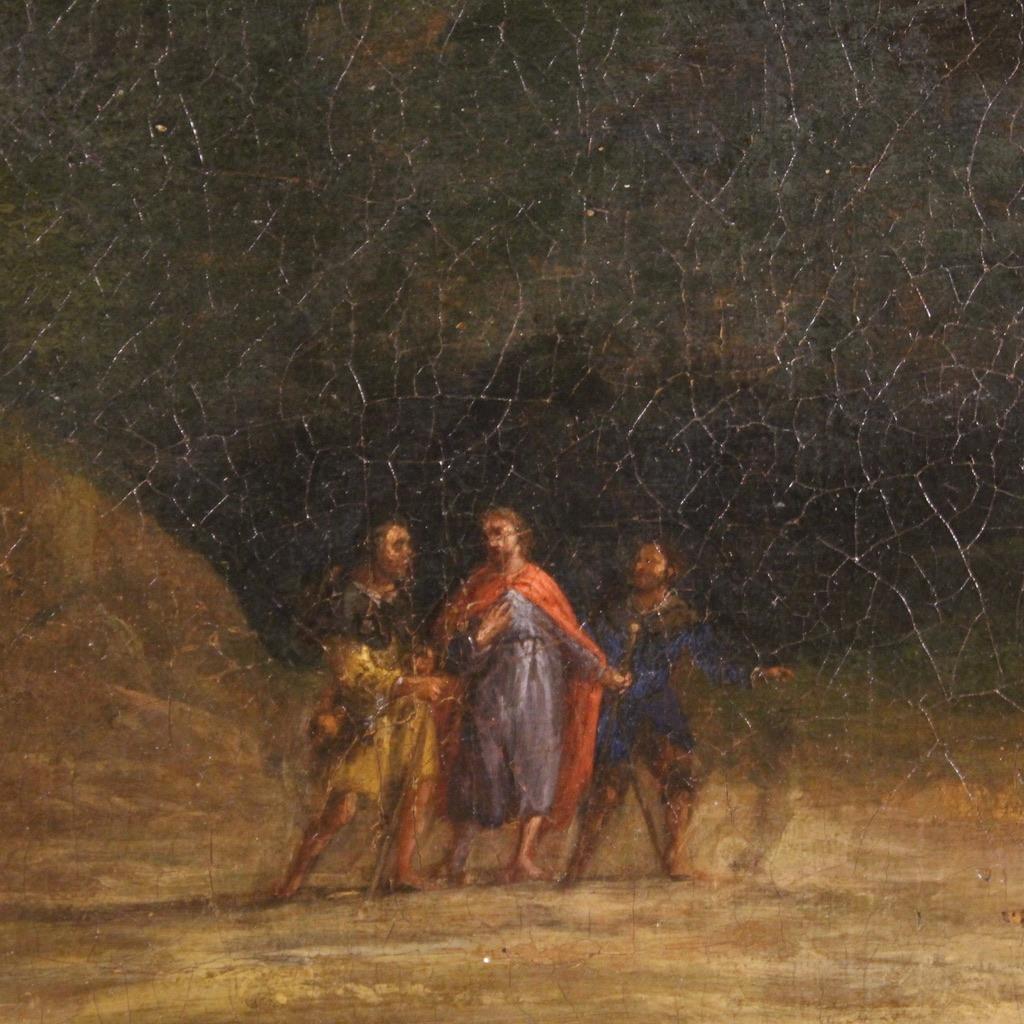17th Century Oil on Canvas Flemish Landscape Painting Apparition of Jesus, 1650 In Good Condition For Sale In Vicoforte, Piedmont