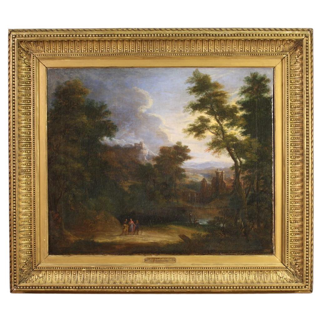 17th Century Oil on Canvas Flemish Landscape Painting Apparition of Jesus, 1650