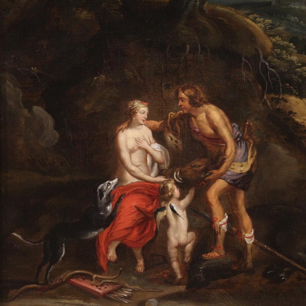 Una espléndida pintura flamenca del siglo XVII. Obra de arte al óleo sobre lienzo que representa un tema mitológico de gran encanto, Meleagro ofrece la cabeza de jabalí a Atalanta. Las Parcas habían predicho que Meleagro viviría hasta consumir un